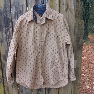 TOMMY HILFIGER Vintage Y2K Men's Button Down Shirt With All Over Crest Print L